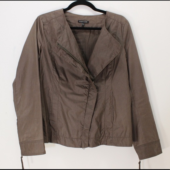 EILEEN FISHER Moto Spring Jacket Coat Lined Zip Front Brown Waxed Cotton Small - Picture 2 of 8